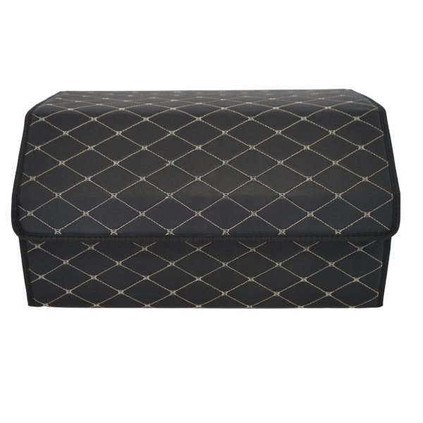 Cutie de Depozitare Auto, Flippy, Organizator Premium Portbagaj, Geanta Multifunctionala, Piele Ecologica, Pliabil  si Rezistent la Uzura, 2 Compartimente Depozitare, Pliabil  si Rezistent la Uzura, Negru/Alb, 55 x 30 x 30cm