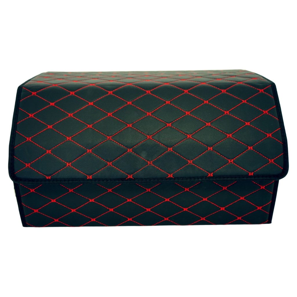 Cutie de Depozitare Auto, Flippy, Organizator Premium Portbagaj, Geanta Multifunctionala, Piele Ecologica, 2 Compartimente Depozitare, Pliabil  si Rezistent la Uzura, Negru/Rosu, 55 x 30 x 30cm