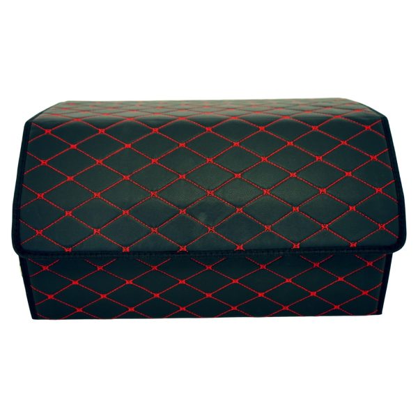 Cutie de Depozitare Auto, Flippy, Organizator Premium Portbagaj, Geanta Multifunctionala, Piele Ecologica, 2 Compartimente Depozitare, Pliabil  si Rezistent la Uzura, Negru/Rosu, 55 x 30 x 30cm