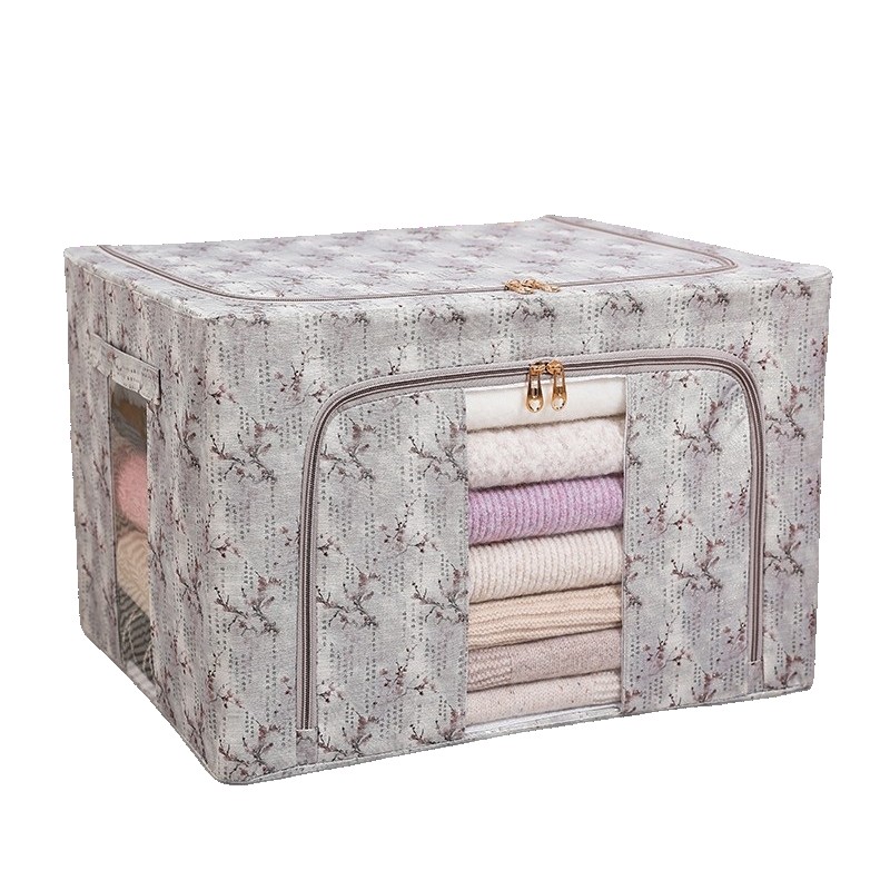Cutie Depozitare, Flippy, 66L, din Material Textil, 50 x 40 x 33 cm, pentru Haine si Lenjerii, Model Flori de Primavara, Gri