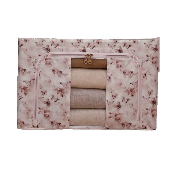 Cutie Depozitare, Flippy, 66L, din Material Textil, 50 x 40 x 33 cm, pentru Haine si Lenjerii, Model Fluturasi, Roz/Gri