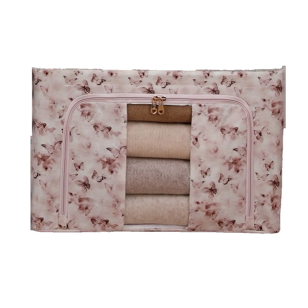 Cutie Depozitare, Flippy, 66L, din Material Textil, 50 x 40 x 33 cm, pentru Haine si Lenjerii, Model Fluturasi, Roz/Gri