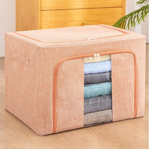Cutie de Depozitare Pliabila, Flippy, 66 L, din Bumbac si In, 50x40x33 cm, Fereastra Frontala, 2 Usi de Acces cu Fermoar Bidirectional, Cadru Metalic, Suport Baza Stabil din Plastic, Roz Pudrat