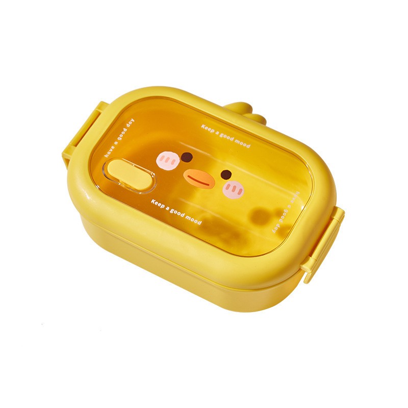 Cutie pentru Pranz sau Gustari, Flippy, cu Doua Compartimente, Model Ratusca, pentru Copii si Adulti, Etansare, PP, Perfect pentru Scoala si Birou, 1000 mL, 22.5x14.5x8 cm, Galben