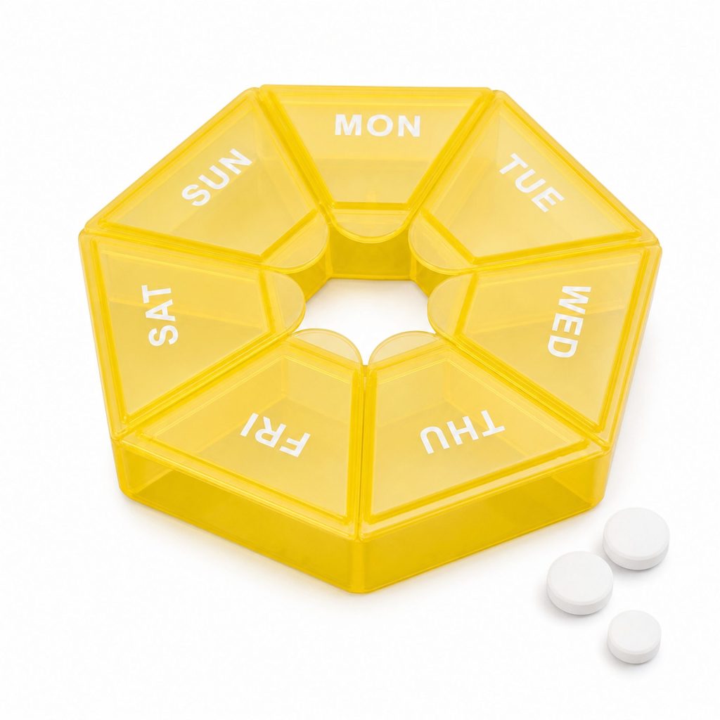 Cutie Separator Medicamente, Flippy, Model cu 7 Compartimente, pentru fiecare Zi a Saptamanii, Plastic, 8 x 8 x 1.6 cm, Galben