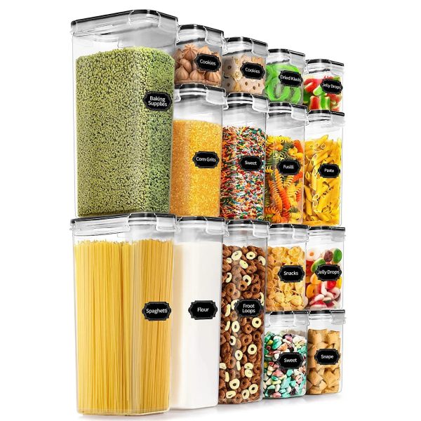 Cutii de depozitare alimente, Flippy, Set din 16 Cutii pentru Condimente, Cereale, Cutii pentru Bucatarie, din Plastic PP, Cutii Alimentare, Diferite Dimensiuni, Transparente
