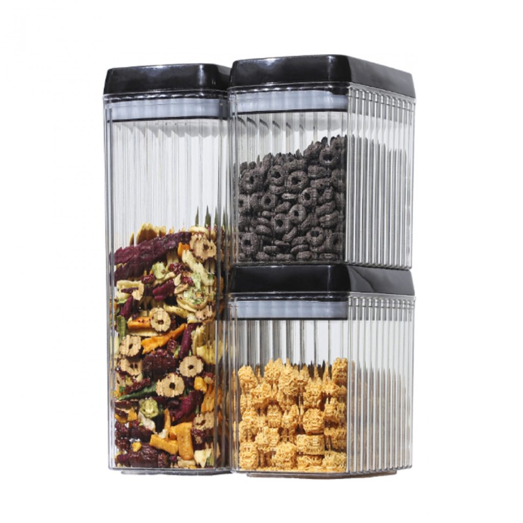 Set 3 Recipiente din Plastic, Flippy, pentru Alimente/Obiecte, Inchidere Ermetica, Textura Ondulata, 2 x 1.5l, 1 x 3.3 l, Transparent