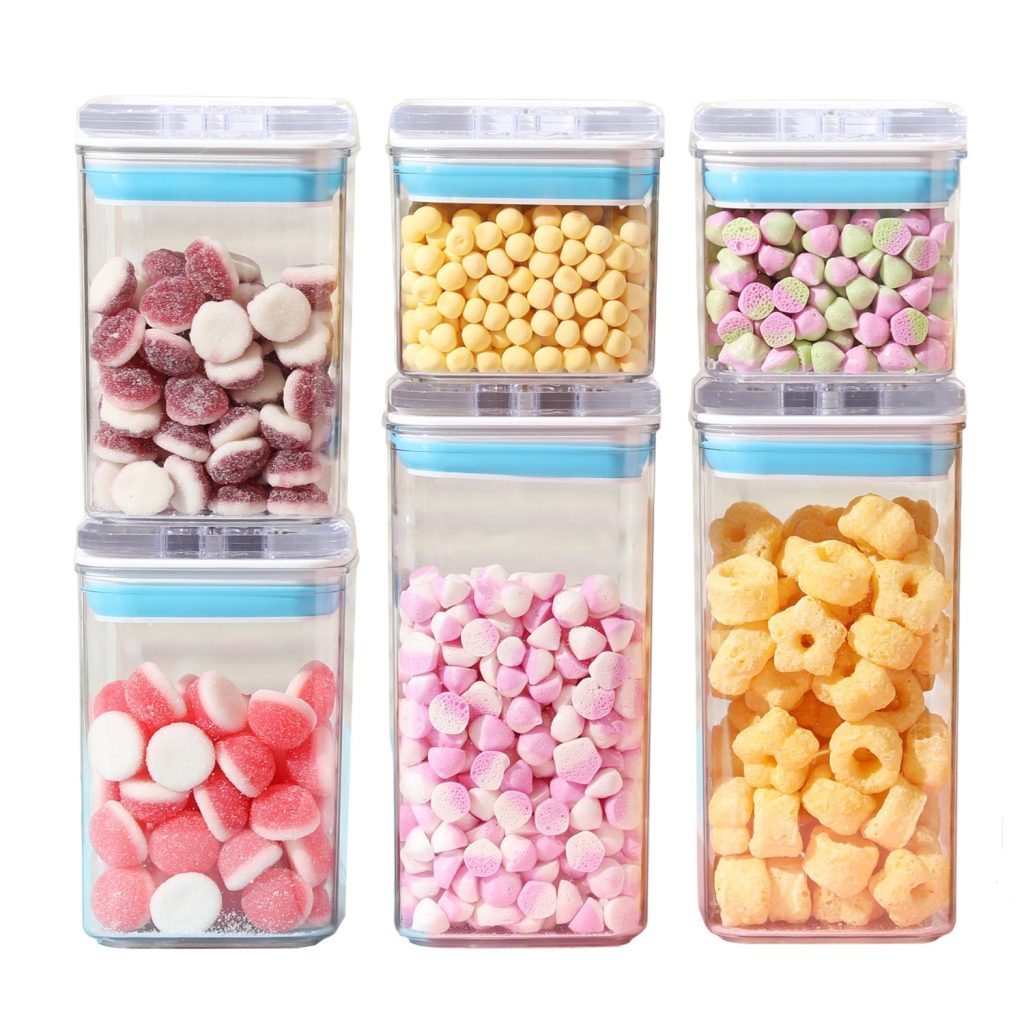 Cutii de Depozitare Alimente, Flippy, Set din 6 Cutii de tip Container, 2x0.5 l, 2x0.8 l, 2x1.2 l, Recipiente pentru Cereale in Bucatarie,  Transparente cu Capac Albastru-Alb