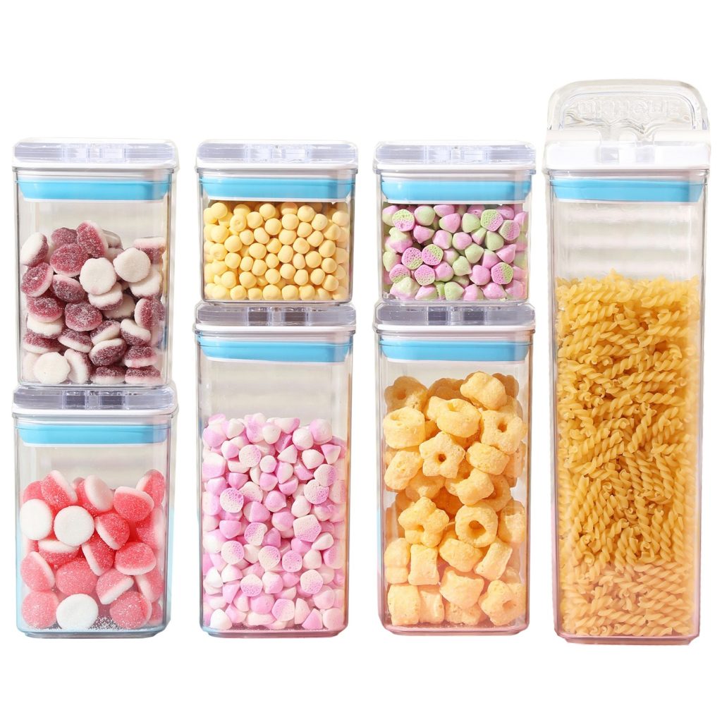 Cutii de Depozitare Alimente, Flippy, Set din 7 Cutii de tip Container, 2x0.5 l, 2x0.8 l, 2x1.2 l, 1x1.9 l, Recipiente pentru Cereale in Bucatarie,  Transparente cu Capac Albastru-Alb