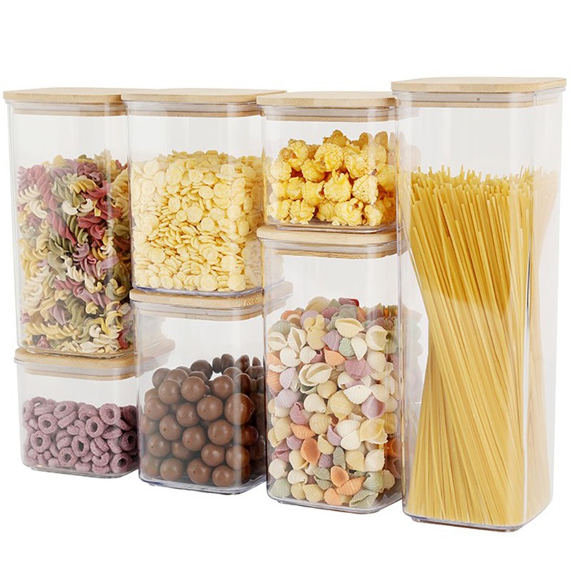 Cutii de Depozitare Alimente, Flippy, Set din 7 Cutii de tip Container, Cutii pentru Cereale, din Plastic, Capac din Bambuc, 2pc 0.5 l, 2pc 0.8 l, 2pc 1.2 l, 1pc 2.5 l, Transparente