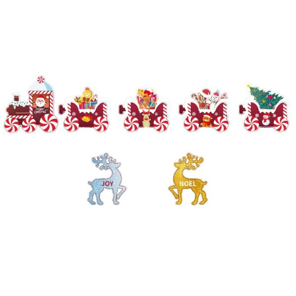 Decoratiune de Craciun, Flippy, pentru Gradina, Tip Trenulet, 7 Figurine + Bete de Infipt in Pamant, din Plastic, Impermeabil, Model Renii Joy si Noel, Multicolor