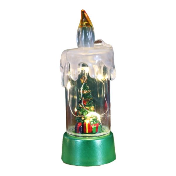 Decoratiune de Craciun tip Lumanare, Flippy, Lumanare de Cristal fara Fulgi de Zapada, Model Brad, Iluminare LED, 13 x 5 x 5 cm, Baza Verde, Transparent