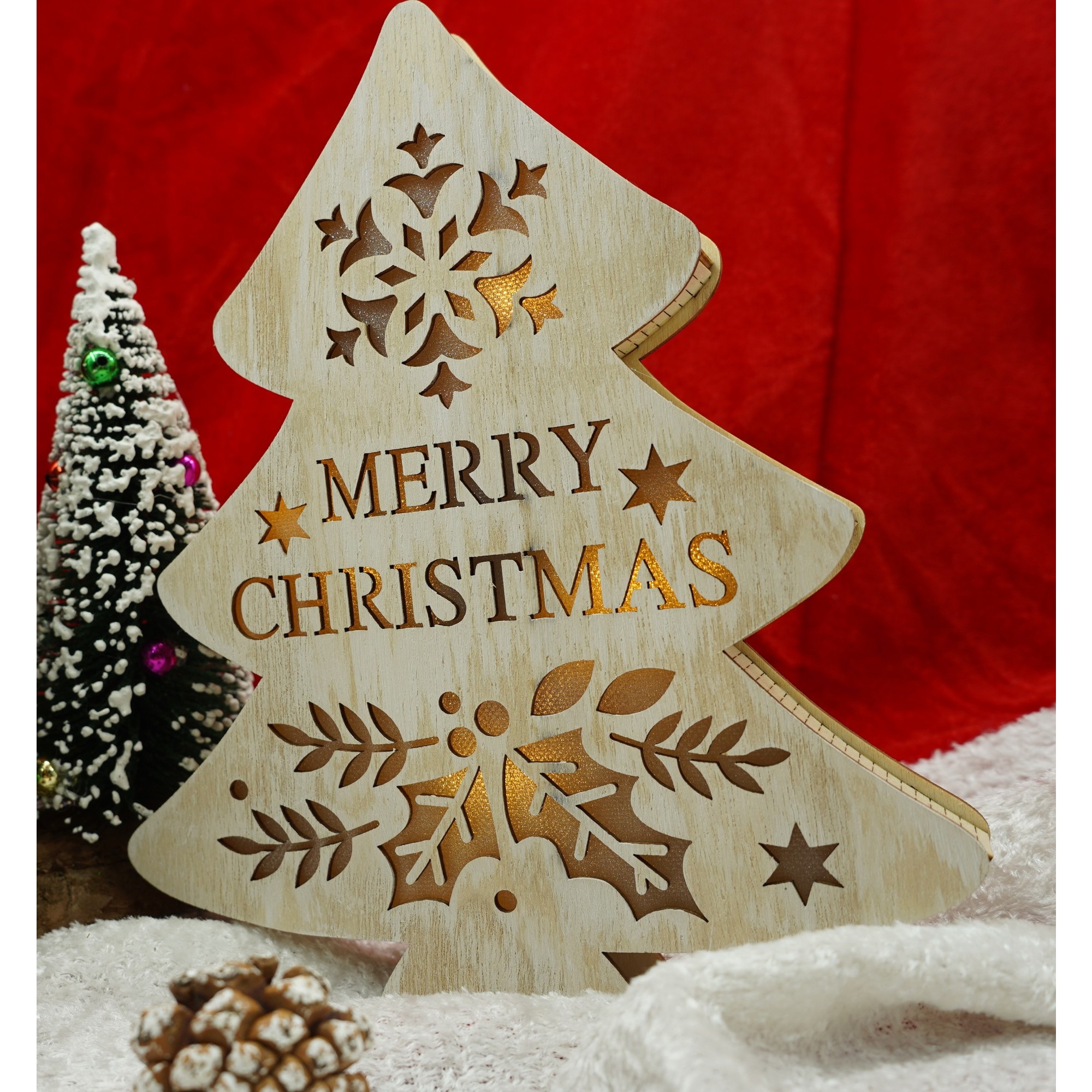 Decoratiune luminoasa, model de Brad cu inscriptie Marry Christmas, alb, lungime: 19 cm, latime: 3 cm, inaltime: 22 cm, lemn, interior/exterior - Image 2