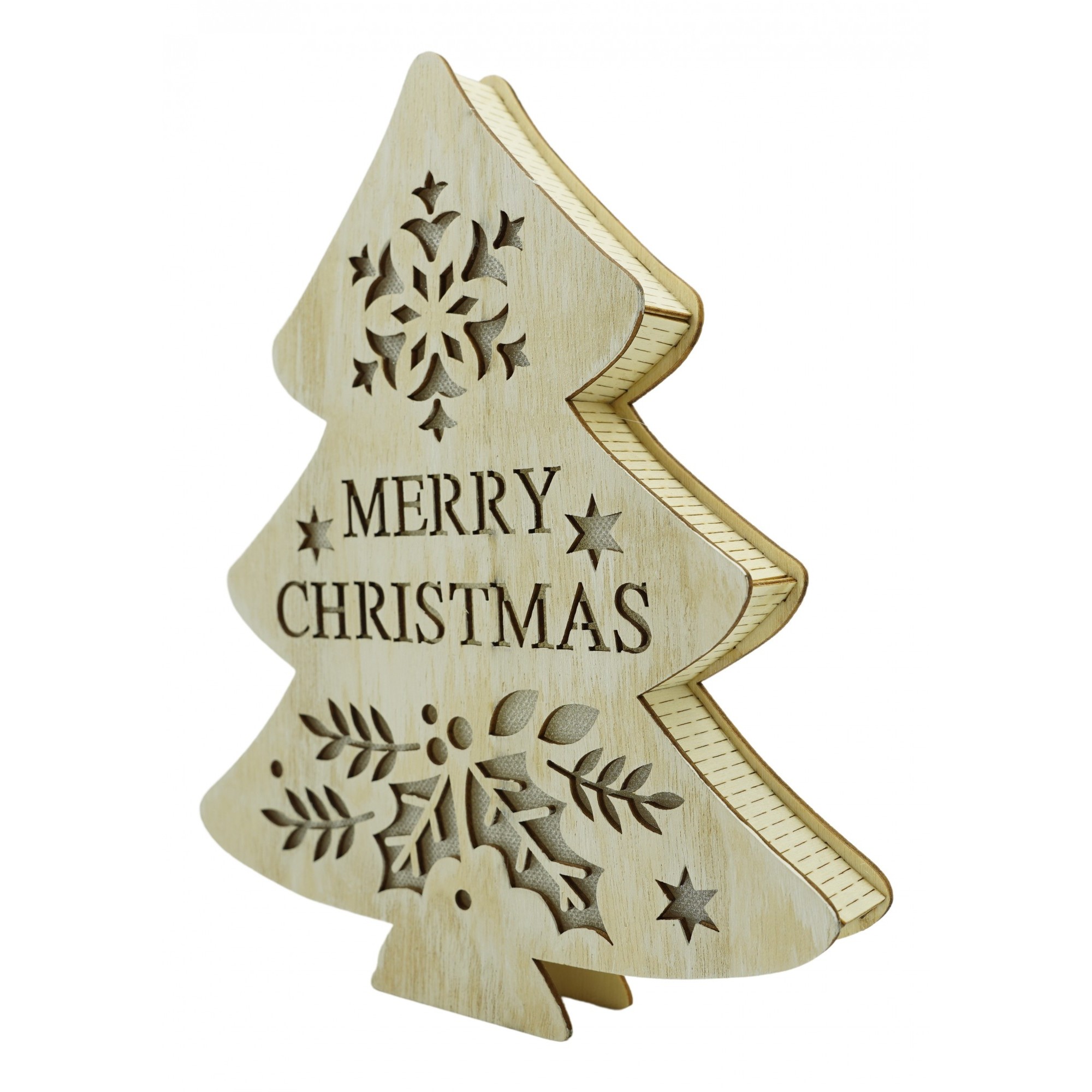 Decoratiune luminoasa, model de Brad cu inscriptie Marry Christmas, alb, lungime: 19 cm, latime: 3 cm, inaltime: 22 cm, lemn, interior/exterior