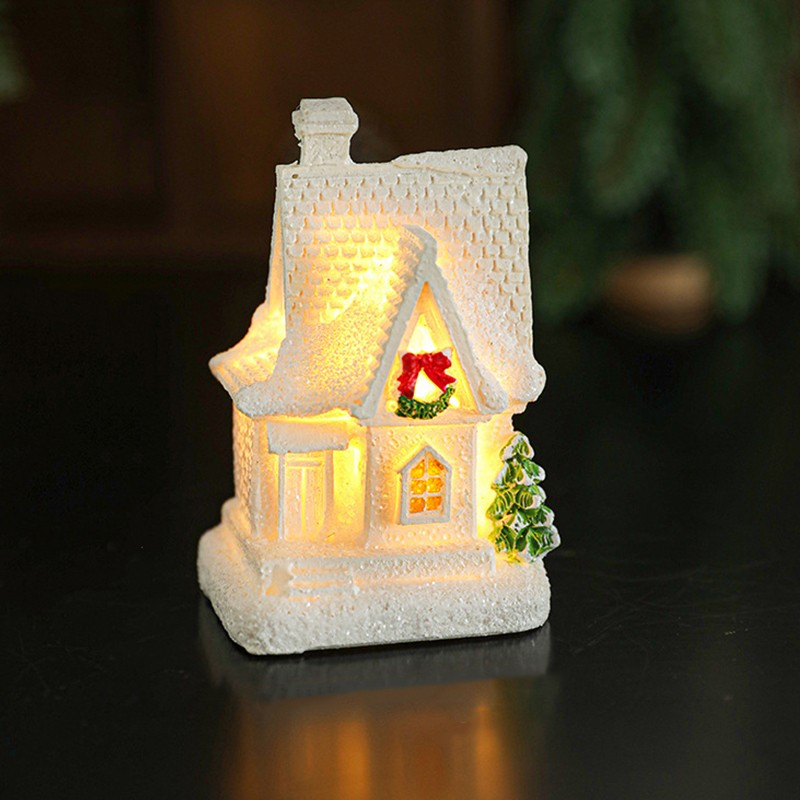 Decoratiune Ornament de Craciun, Flippy, Casuta de Craciun din Rasina, Model Casa Mica Iluminata din Interior, 8.5 x 5 x 4 cm, Alb