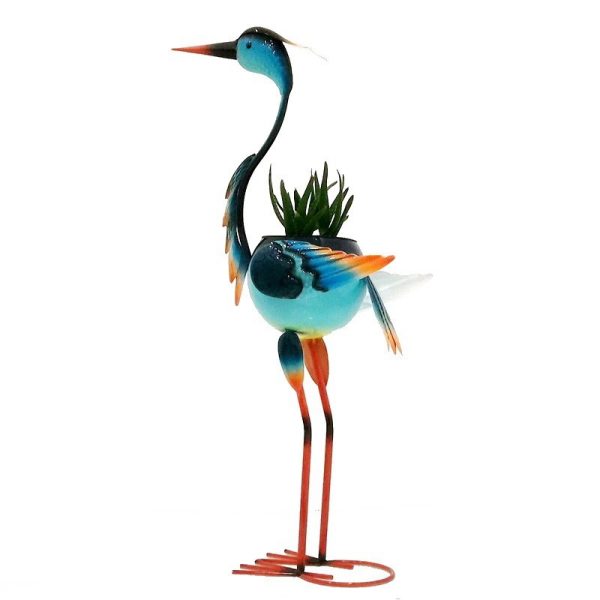 Decoratiune pentru Gradina, Flippy, Flamingo pentru Gradina cu Suport pentru Plante Flori, Ornament de Ghiveci de Flori, Model Flamingo, din Fier, 71 x 34 x 22 cm, Albastru