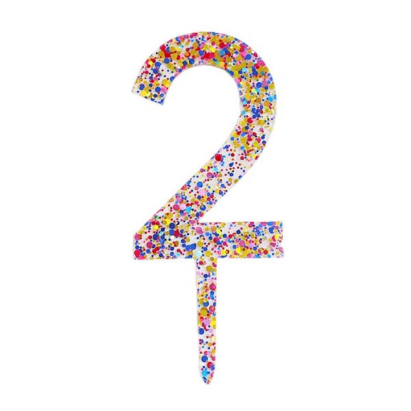 Decoratiune Topper pentru Tort, Flippy, din Acrilic cu Fulgi de Sclipici, Model Cifra 2, Inaltime 18.5 cm, Transparent Multicolor
