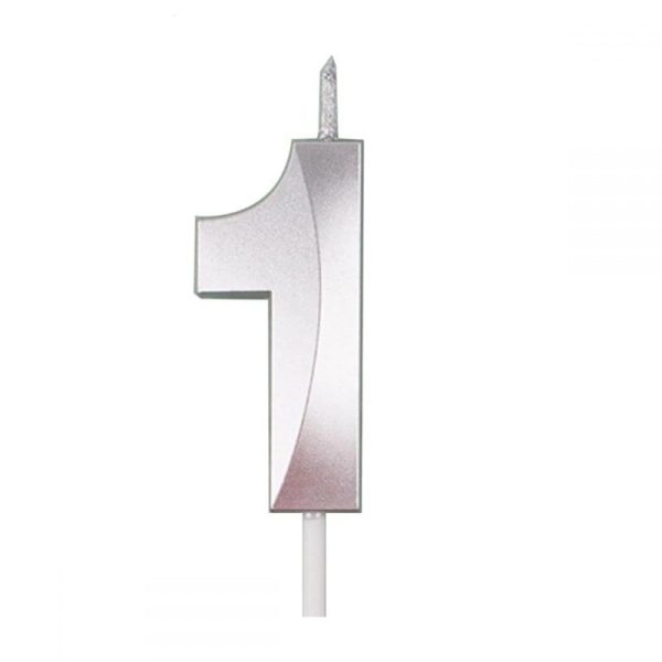 Lumanare Cifra 1, Flippy, Model Diamond, 5 x 3.4 cm, Argintiu