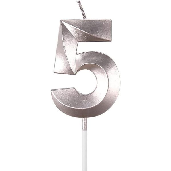 Lumanare Cifra 5, Flippy, Model Diamond, 5 x 3.4 cm, Argintiu