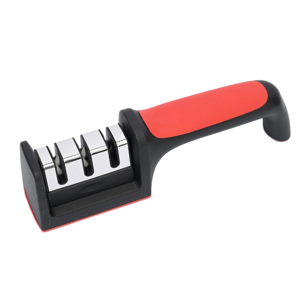 Dispozitiv pentru ascutit cutite Flippy, cu 3 pozitii, rosu/negru, material inox si ABS, 21.5x5x6 cm