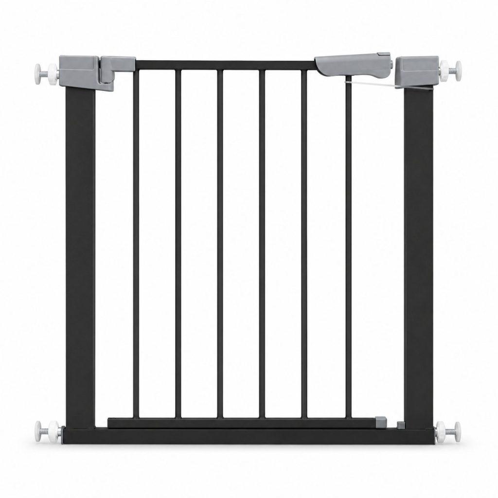 Gard de Siguranta cu Poarta pentru Copii, Flippy, Latime 72 cm, Inaltime 76 cm, Teava din Fier Vopsit, Elemente PP, Negru