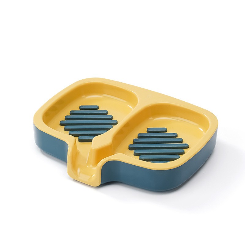Savonieră Dublă, Flippy, cu Sistem de Scurgere a Apei, din ABS, pentru 2 Săpunuri, Design Ventilat pentru Uscare Rapidă, 14.5 x 18 x 3 cm, Albastru/Galben