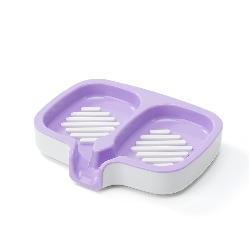 Savonieră Dublă, Flippy, cu Sistem de Scurgere a Apei, din ABS, pentru 2 Săpunuri, Design Ventilat pentru Uscare Rapidă, 14.5 x 18 x 3 cm, Mov/Alb