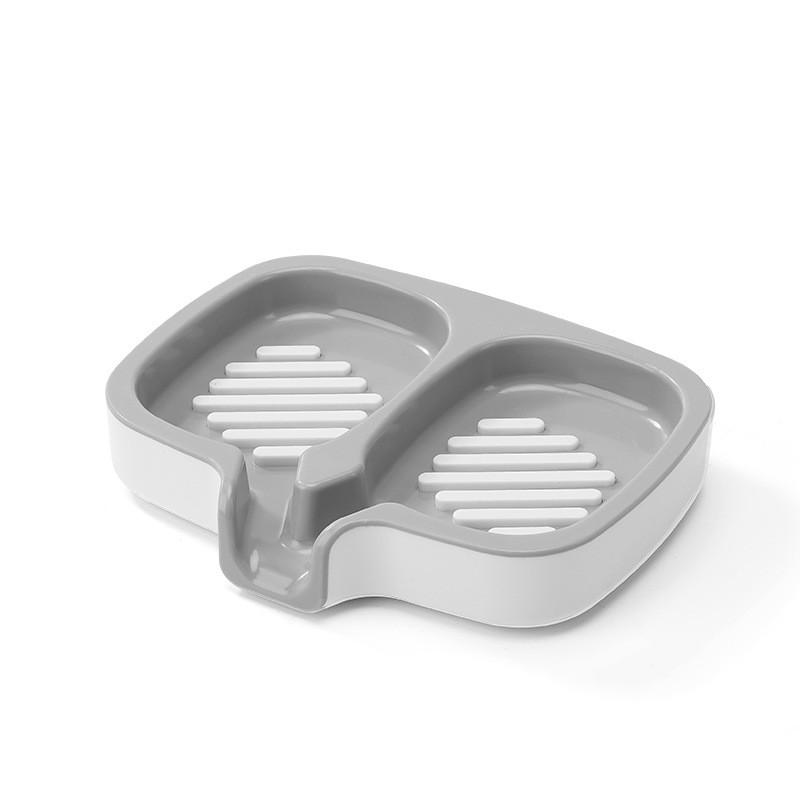 Savonieră Dublă, Flippy, cu Sistem de Scurgere a Apei, din ABS, pentru 2 Săpunuri, Design Ventilat pentru Uscare Rapidă, 14.5 x 18 x 3 cm, Gri/Alb