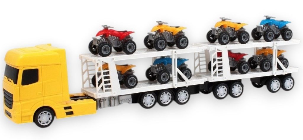 Dubla Platforma Cu ATV-uri, Cu Frictiune, Lumini Si Sunete, Jucarie Interactiva Trailer Transport 2 In 1, Camion Cu 8 ATV-uri Incluse, Vehicul Off-Road Cu Remorca Dubla, Efecte Luminoase Si Sonore, Pentru Copii 3+ Ani