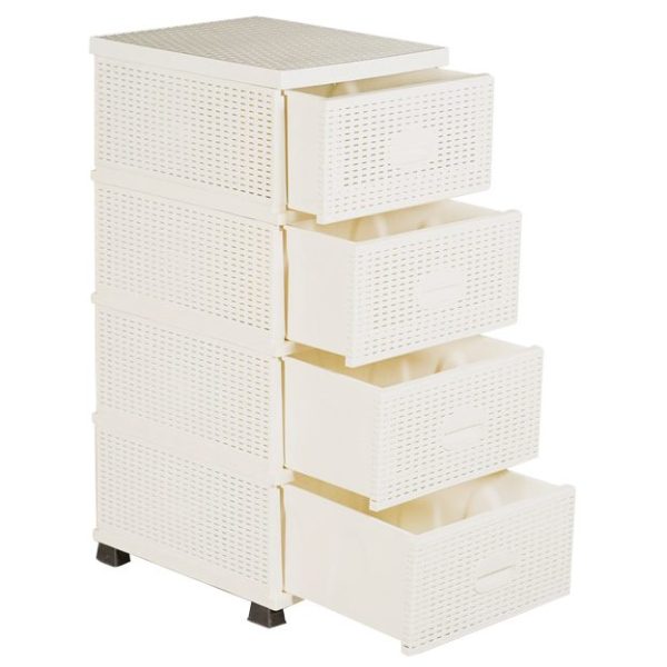 Organizator cu 4 Sertare din Plastic, Aspect Ratan, Alb