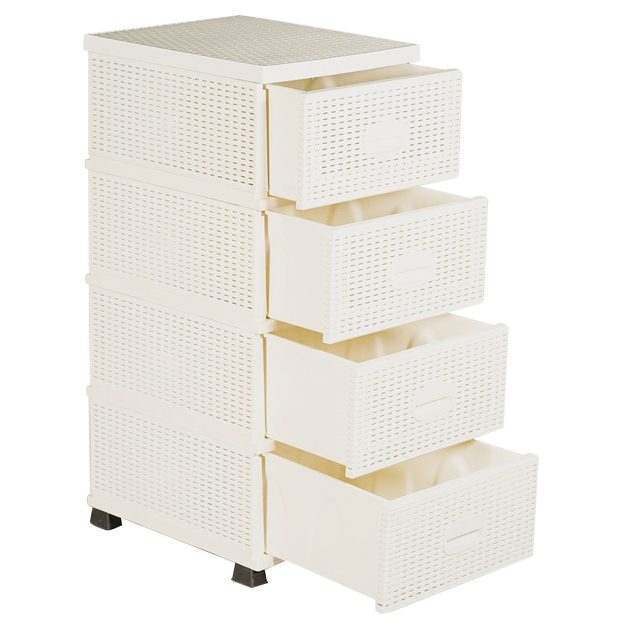 Organizator cu 4 Sertare din Plastic, Aspect Ratan, Alb