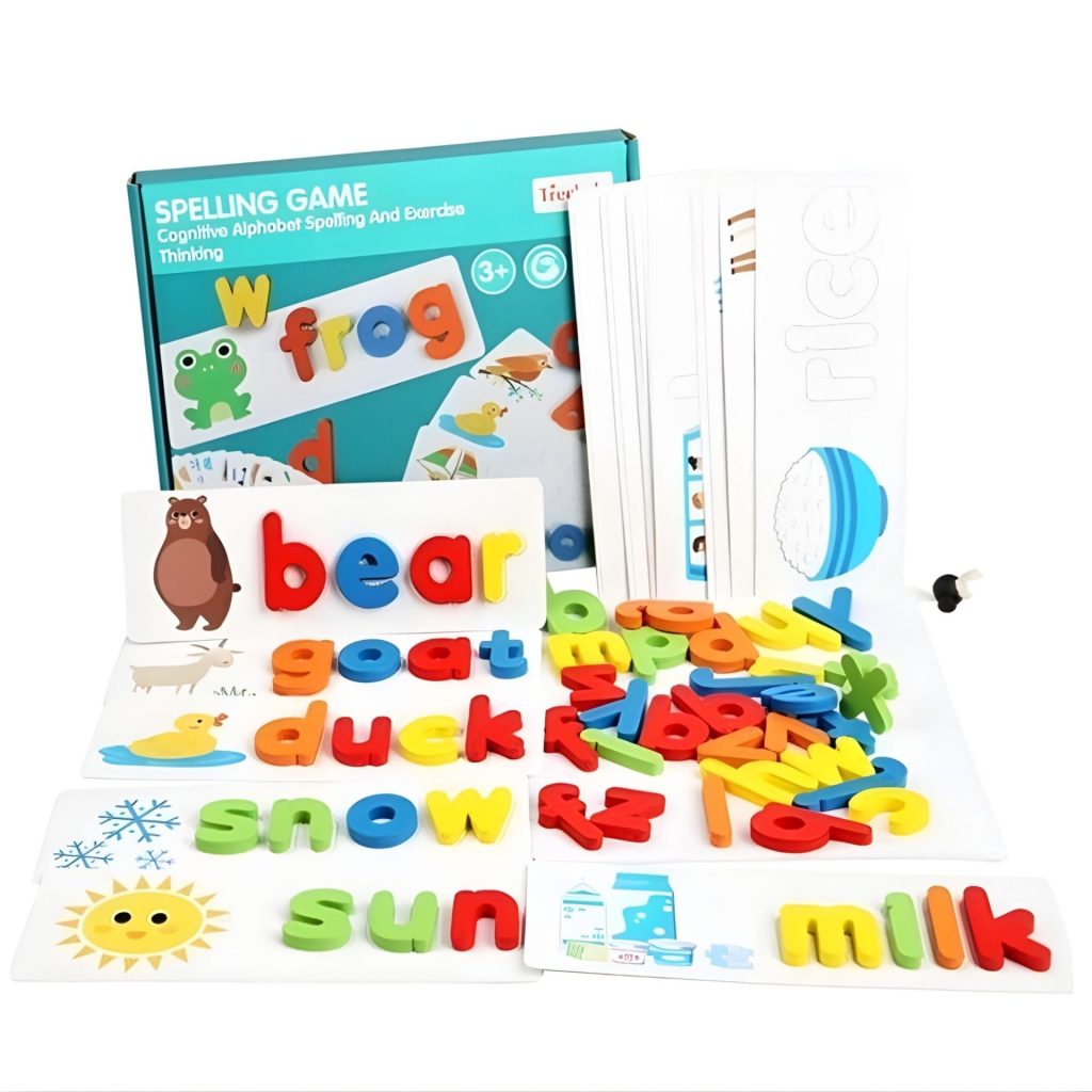 Joc Educativ de Formare a Cuvintelor, Flippy, 52 Litere din Lemn, 28 Carduri Fata-Verso, Alfabet Englez, 3 Ani+, Multicolor