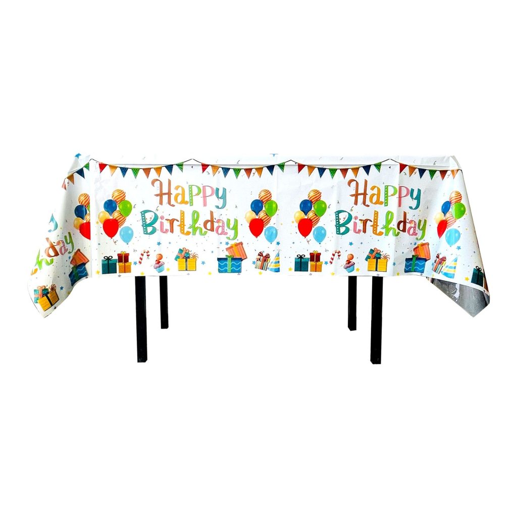 Fata de Masa, Flippy, din Folie, Imprimeu Happy Birthday cu Baloane, 137 x 183 cm, Alb