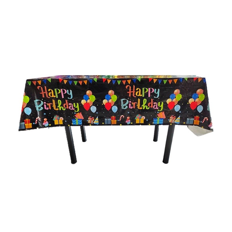 Fata de Masa, Flippy, din Folie, Imprimeu Happy Birthday cu Baloane, 137 x 274 cm, Negru