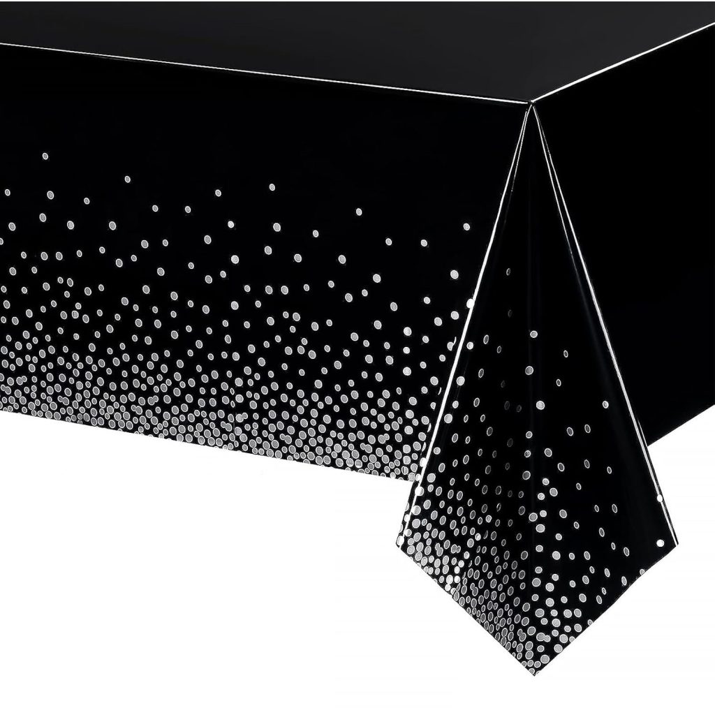 Fata de Masa, Flippy, din PEVA, Imprimeu Buline Argintii, 137 x 274 cm, Impermeabila, Fara Pete, Curatare Rapida, Negru