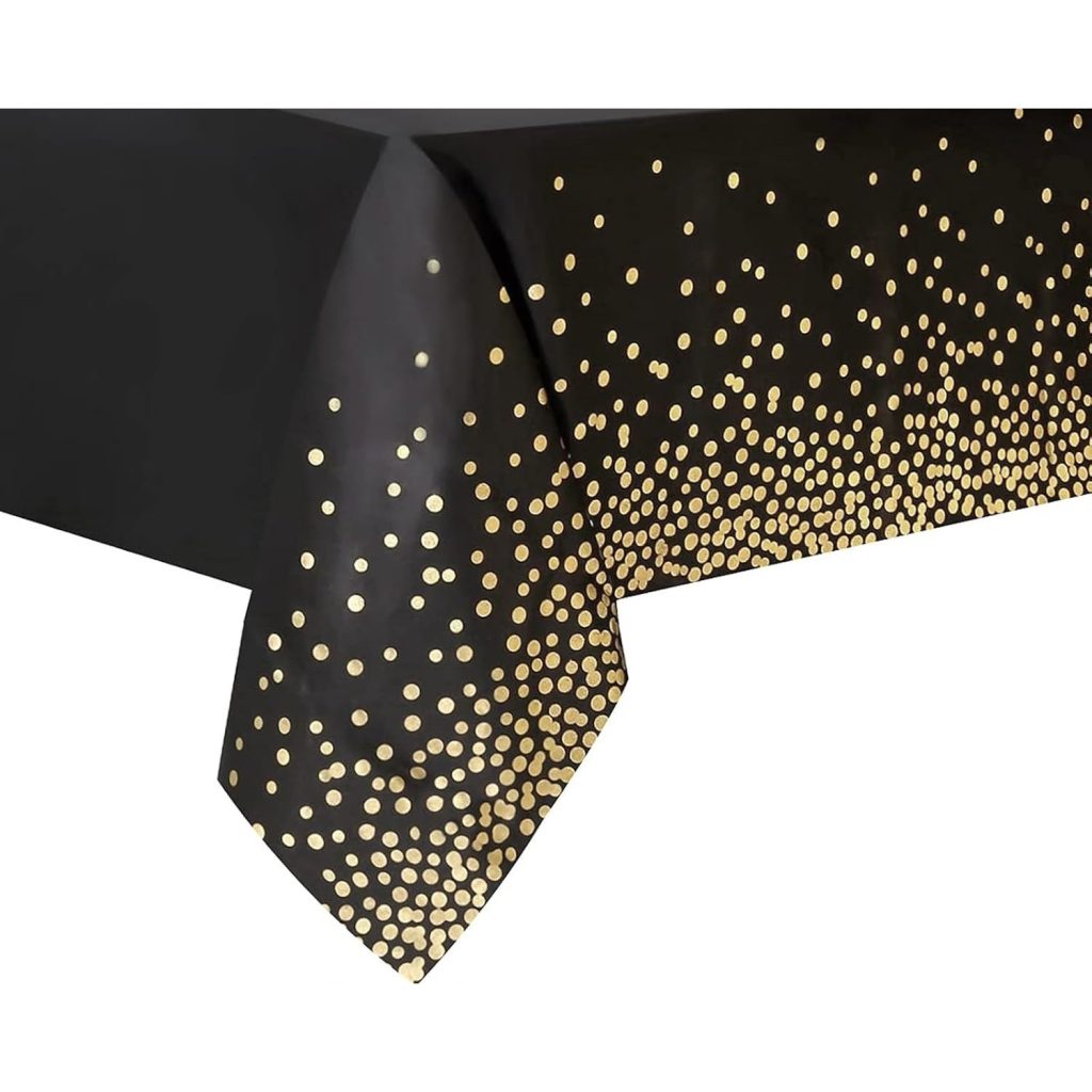 Fata de Masa, Flippy, din PEVA, Imprimeu Buline Aurii, 137 x 274 cm, Impermeabila, Fara Pete, Curatare Rapida, Negru