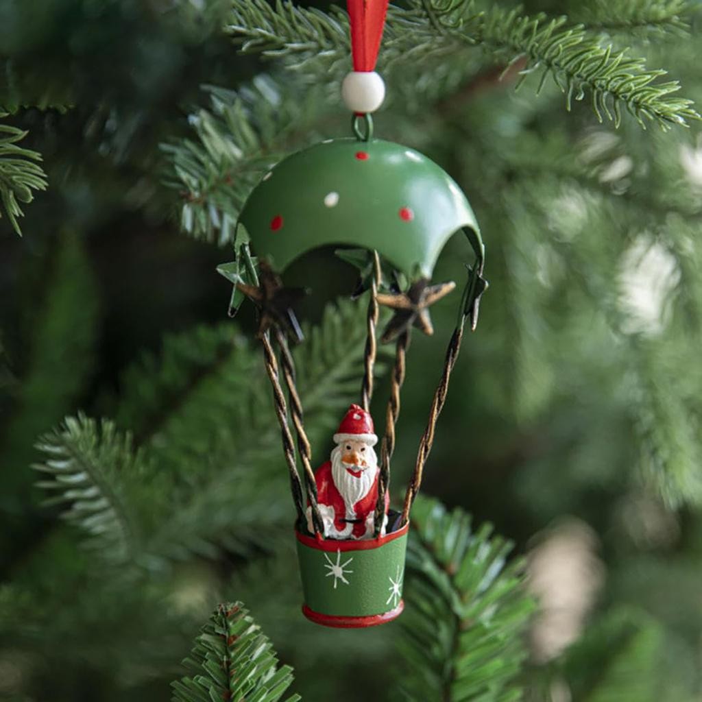 Figurina pentru Brad de Craciun, Flippy, Model Mos Craciun in Balon cu Aer Cald, Ornament pentru Brad, din Metal, 11 x 5.5 x 5.5 cm, Verde