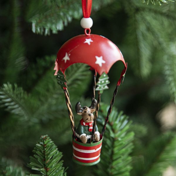 Figurina pentru Brad de Craciun, Flippy, Model Ren in Balon cu Aer Cald, Ornament pentru Brad, din Metal, 11 x 5.5 x 5.5 cm, Rosu inchis