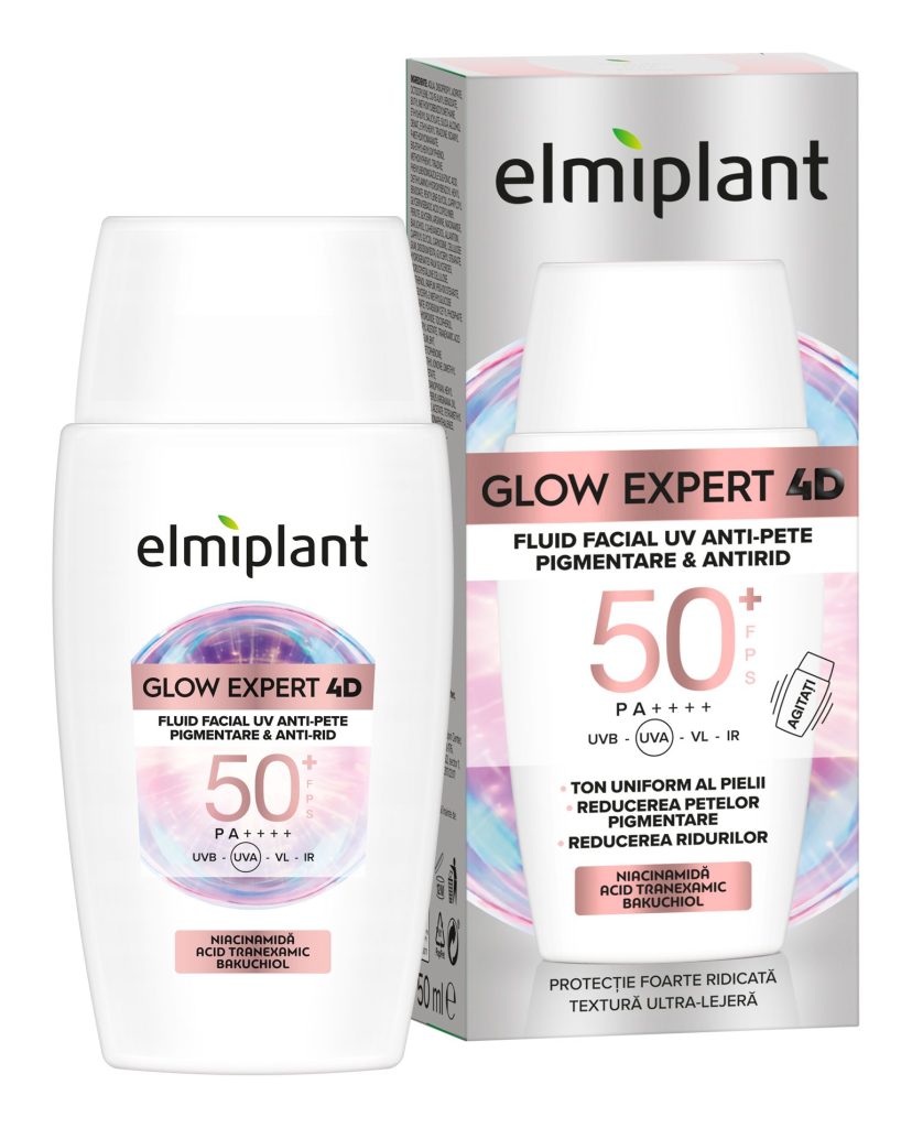 Fluid Facial, Elmiplant, Glow Expert 4D UV Anti Pete Pigmentare si Antirid, SPF 50+, 50 ml