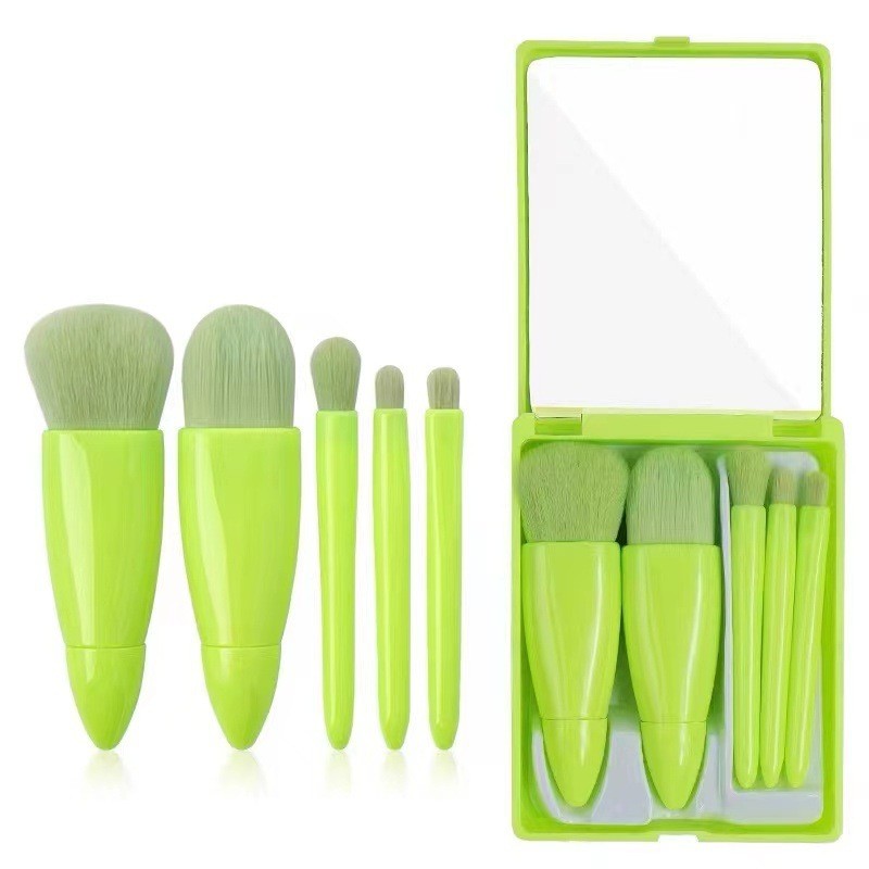 Set 5 Mini Pensule de Machiaj, Flippy, Portabile, in Carcasa cu Oglinda, din Par Sintetic Moale, 12x7x2.5 cm, Verde Lime