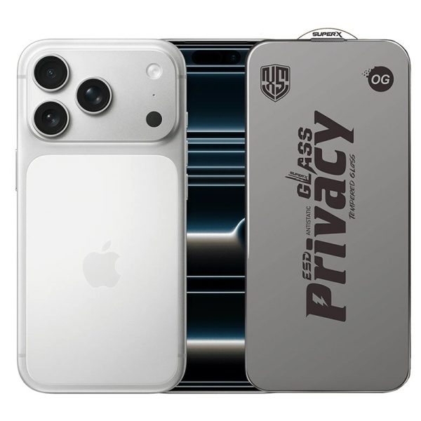Folie de Protectie pentru Apple iPhone 17 Pro, Flippy, Sticla Securizata ESD Antistatica, Super-X Privacy OG, Margini Negre, 0.30 mm, Transparent