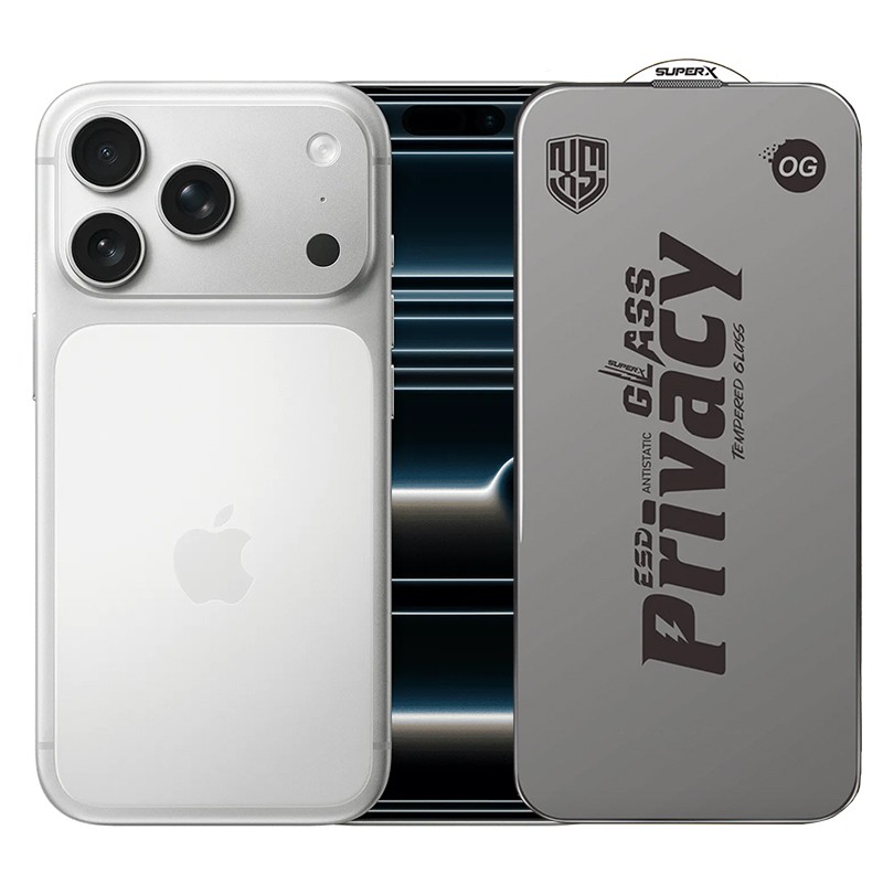 Folie de Protectie pentru Apple iPhone 17 Pro, Flippy, Sticla Securizata ESD Antistatica, Super-X Privacy OG, Margini Negre, 0.30 mm, Transparent