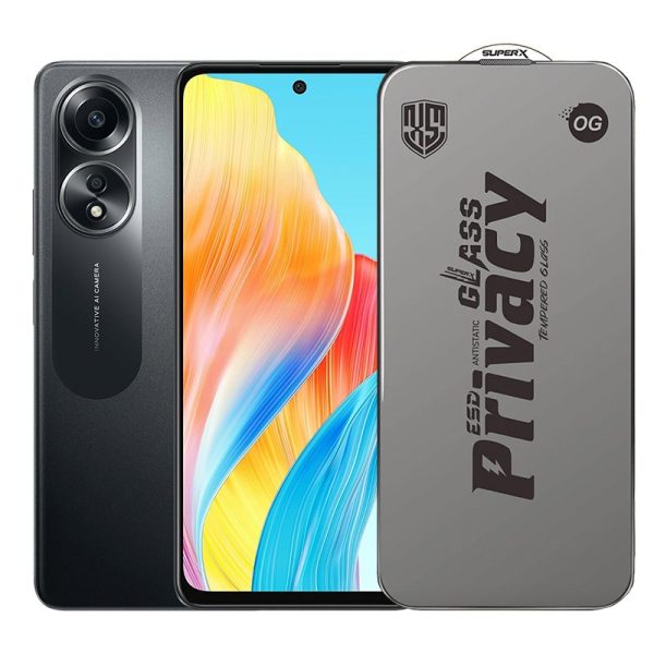 Folie de Protectie pentru Oppo A58, Flippy, Sticla Securizata ESD Antistatica, Super-X Privacy OG, Margini Negre, 0.30 mm, Transparent Inchis
