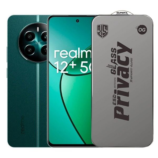 Folie de Protectie pentru Realme 12+, Flippy, Sticla Securizata ESD Antistatica, Super-X Privacy OG, Margini Negre, 0.30 mm, Transparent Inchis