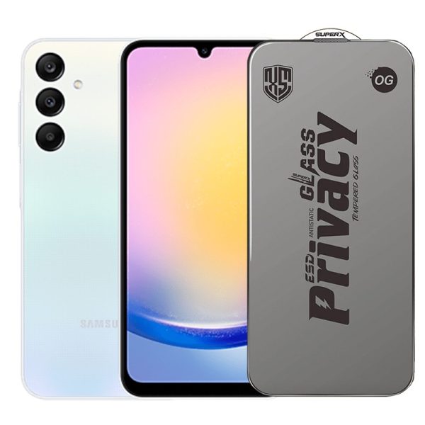 Folie de Protectie pentru Samsung Galaxy A25, Flippy, Sticla Securizata ESD Antistatica, Super-X Privacy OG, Margini Negre, 0.30 mm, Transparent Inchis