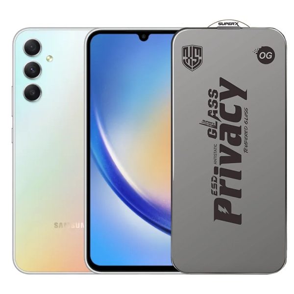 Folie de Protectie pentru Samsung Galaxy A34, Flippy, Sticla Securizata ESD Antistatica, Super-X Privacy OG, Margini Negre, 0.30 mm, Transparent Inchis