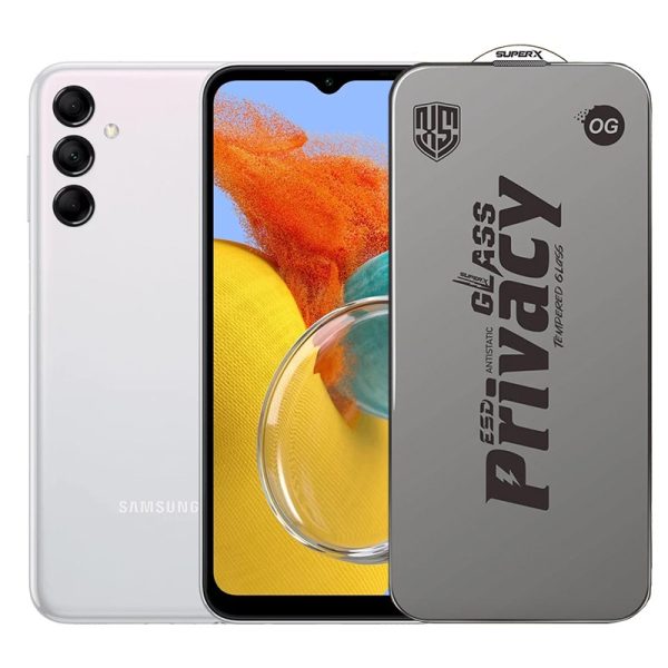Folie de Protectie pentru Samsung Galaxy M14, Flippy, Sticla Securizata ESD Antistatica, Super-X Privacy OG, Margini Negre, 0.30 mm, Transparent Inchis
