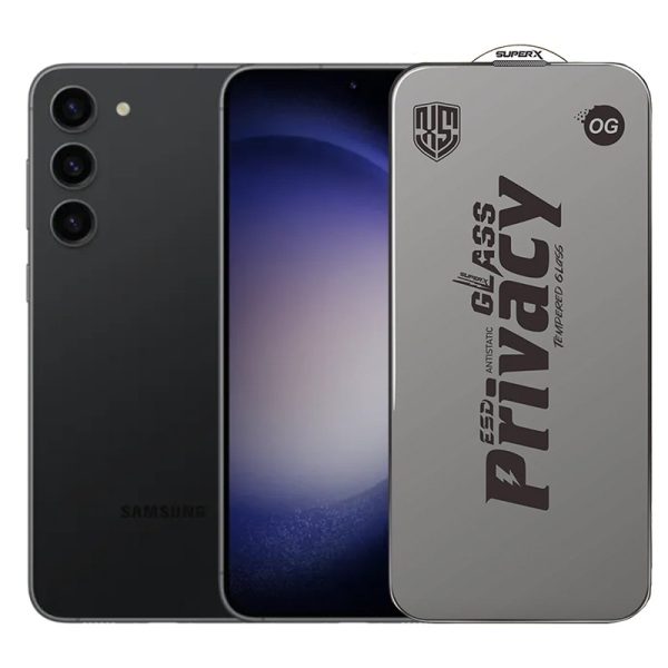 Folie de Protectie pentru Samsung Galaxy S23+, Flippy, Sticla Securizata ESD Antistatica, Super-X Privacy OG, Margini Negre, 0.30 mm, Transparent Inchis