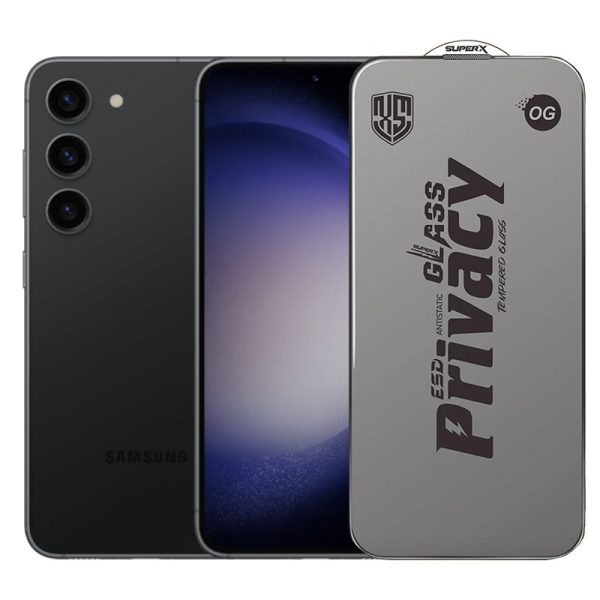 Folie de Protectie pentru Samsung Galaxy S23, Flippy, Sticla Securizata ESD Antistatica, Super-X Privacy OG, Margini Negre, 0.30 mm, Transparent Inchis