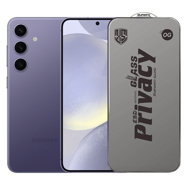 Folie de Protectie pentru Samsung Galaxy S24, Flippy, Sticla Securizata ESD Antistatica, Super-X Privacy OG, Margini Negre, 0.30 mm, Transparent Inchis